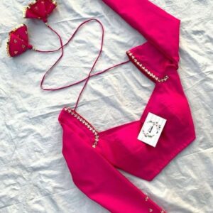 Hot Pink Designer V-Neck Saree Blouse with Tassels