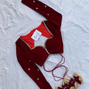 Maroon Velvet Designer Sweetheart Neck Saree Blouse with Tassels