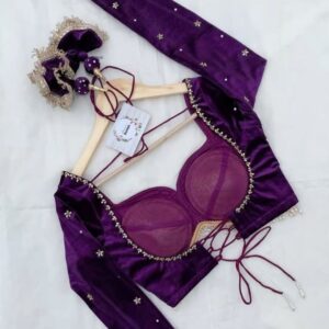 Purple Velvet Padded Designer Saree Blouse