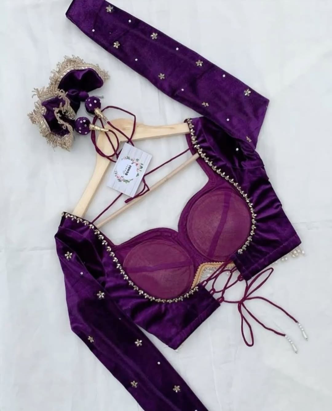 Purple Velvet Padded Designer Saree Blouse