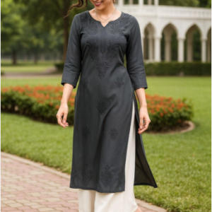 Black Women Embroidered Straight Kurta