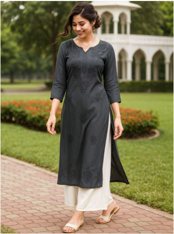 Black Women Embroidered Straight Kurta