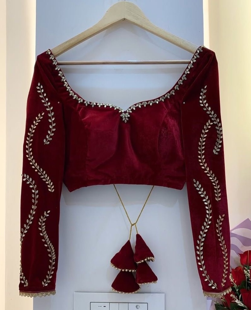 Maroon Velvet Designer Sweetheart Neck Saree Blouse
